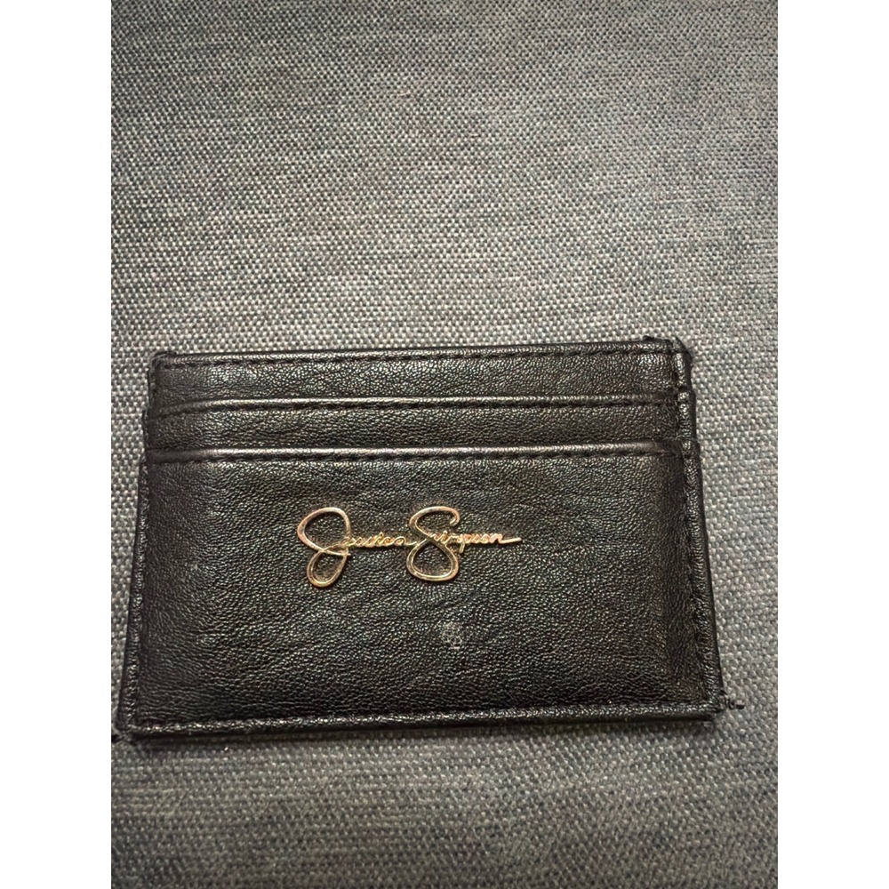 Jessica Simpson Black Faux Leather Card Holder Wallet Gold Logo Slim Minimalist